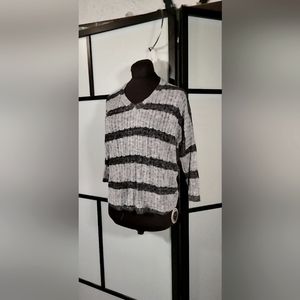 Knit Three Quarters Sweater with V neck Black and Gray Strips